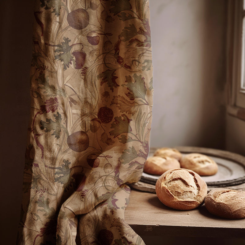 Vintage Botanical Linen Curtain: Beige & Olive Leaf Print Drapery
