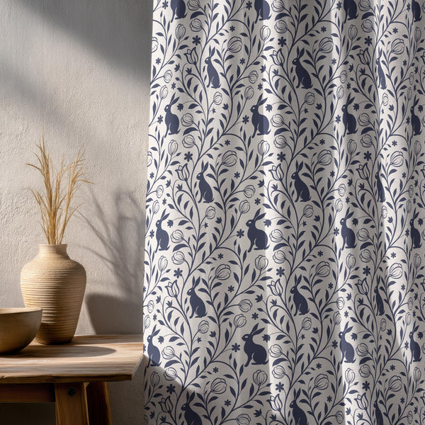 Blue Bunny Linen Curtain: Vintage Folk Art Print, Farmhouse Drapery