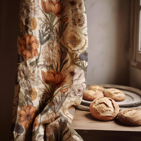 Earth Tone Floral Linen Curtain: Botanical Rustic Window Panel