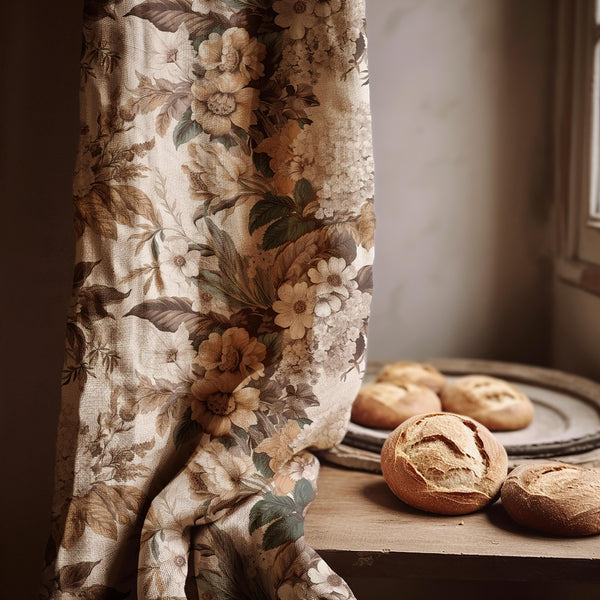 Floral Linen Curtain: Beige Taupe Botanical Print, Farmhouse Style