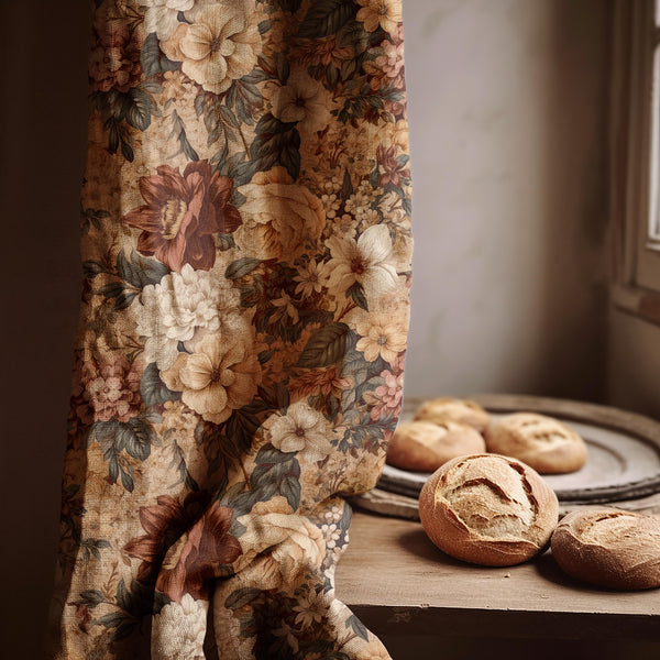 Vintage Linen Curtain: Terracotta Floral Botanical Print, Cottage Decor