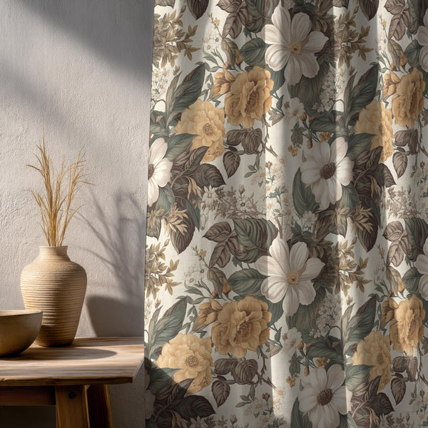 Floral Linen Curtain Panel: Golden Bloom Botanical Print, Cottagecore Decor