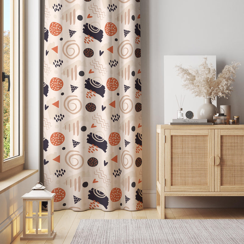 Abstract Geometric Curtain Panel: Retro Beige Colorful Drapes