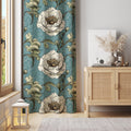 Vintage Floral Curtain Panel: Teal & White Flower Print, Cotton Blend - Image 1