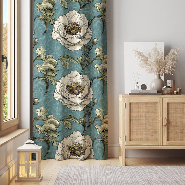 Vintage Floral Curtain Panel: Teal & White Flower Print, Cotton Blend