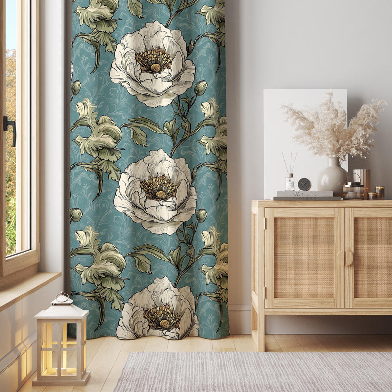 Vintage Floral Curtain Panel: Teal & White Flower Print, Cotton Blend