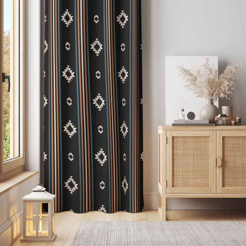 Tribal Striped Curtain – Black Base with Geometric Beige Tribal Motifs