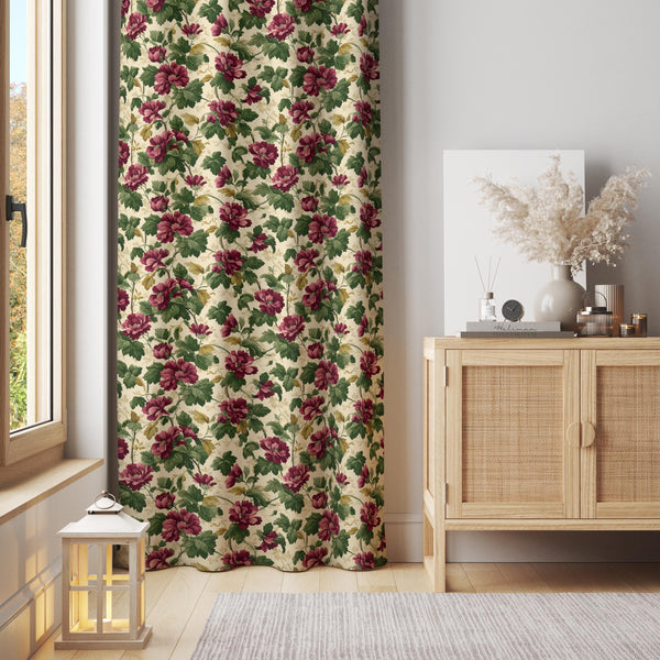 Vintage Floral Curtain Panel: Burgundy, Green, Cream - Traditional Decor