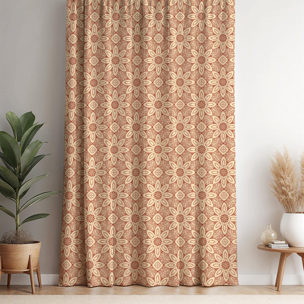 Boho Floral Mandala Curtain Panel: Retro Terracotta Window Drape