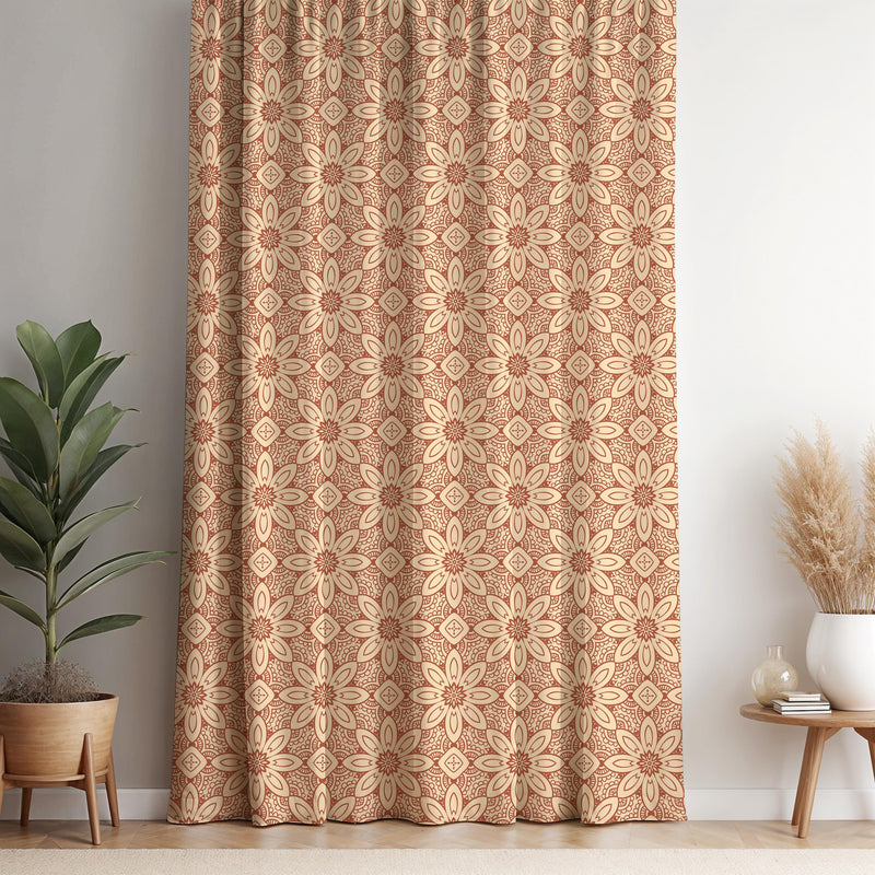Boho Floral Mandala Curtain Panel: Retro Terracotta Window Drape