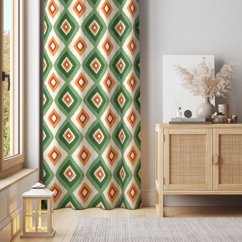 Green and Orange Ikat Diamond Curtain – Tribal Geometric Window Panel for Global Style Interiors
