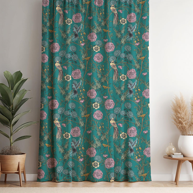 Vintage Floral Curtain Panel: Teal & Pink Exotic Bird Print, Boho Botanical Drapes