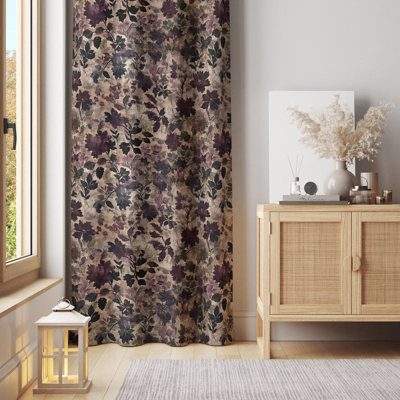 Rustic Floral Curtain Panel: Vintage Dark Purple & Beige Flower Drapes