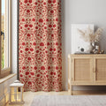 Red Floral Curtain Panel: Arts & Crafts Botanical Print - Image 1