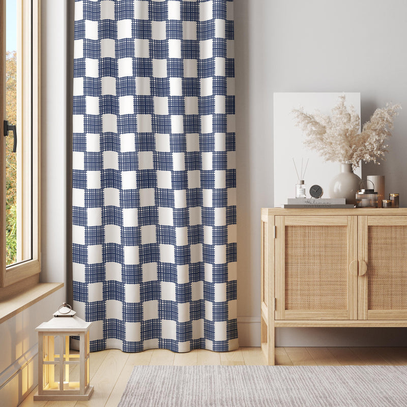 Navy Checkerboard Curtain: Modern Grid Pattern Window Panel for Contemporary or Coastal Home Decor