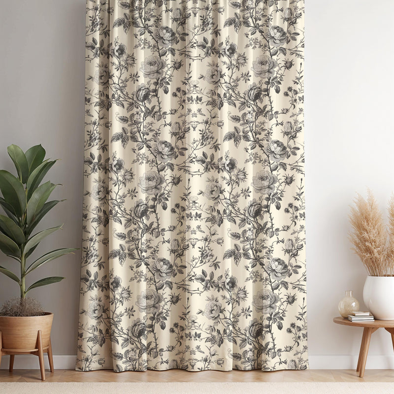 Elegant Floral Curtain –  Rose Pattern on Cream for Timeless French Cottage Charm