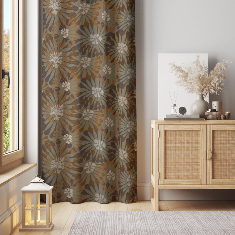Retro 70s Floral Curtain: Brown & Olive Green Flower Power Window Panel