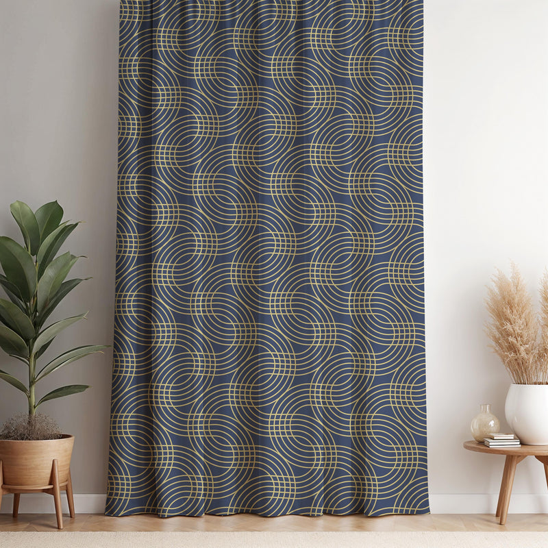Geometric Navy Blue Curtain: Gold Spiral Art Deco Glam Drapery
