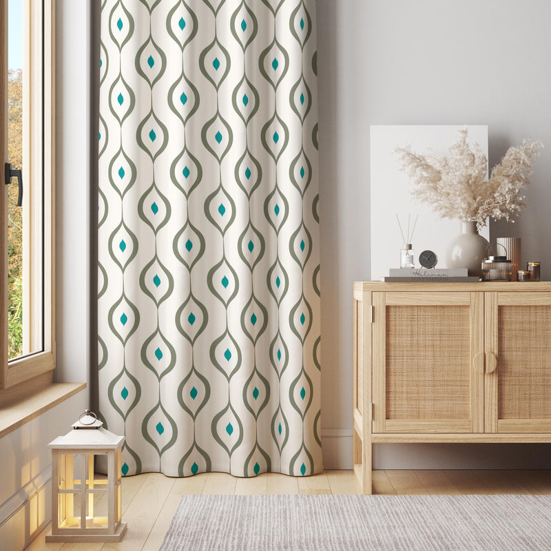 Geometric Curtain Panel: Green & Teal Diamond Print, Cotton Blend