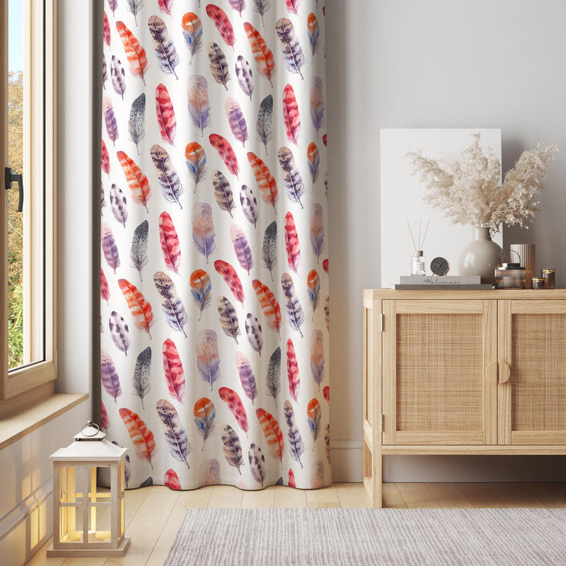 Colorful Feather Print Curtain – Watercolor Boho Panel for Kids Room or Eclectic Decor