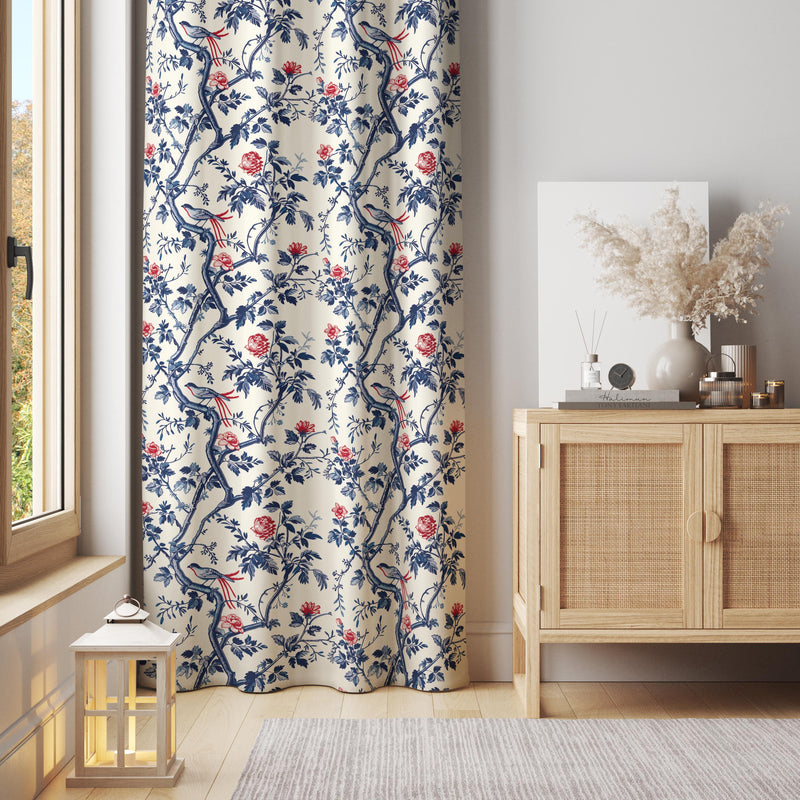 Oriental Bird and Floral Curtain – Cream Background with Navy and Red Accents