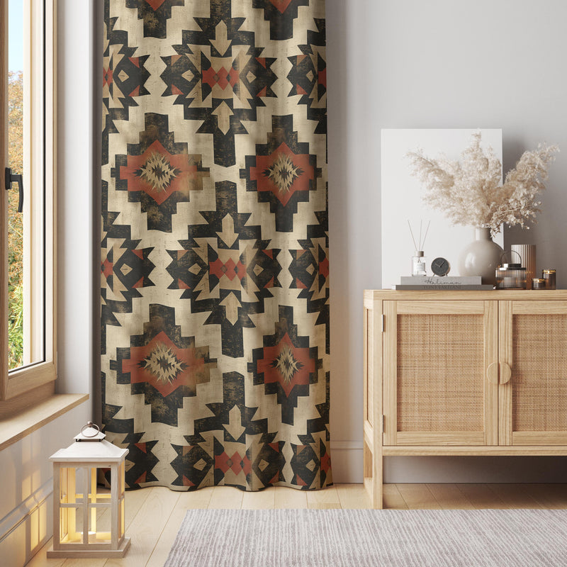 Southwestern Aztec Curtain Panel: Beige Tribal Print, Boho Cabin Decor