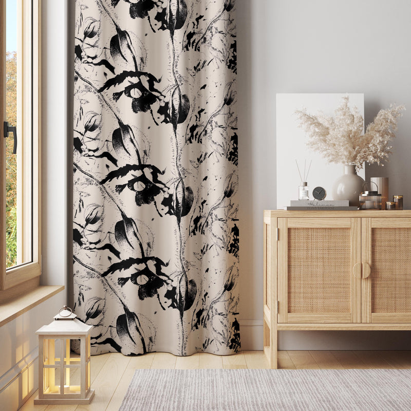 Black and White Floral Curtain: Minimalist Line Art Window Panel