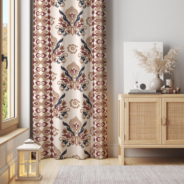 Oriental Inspired Curtain – Burgundy & Beige Decorative Window Panel with Bold Side Borders