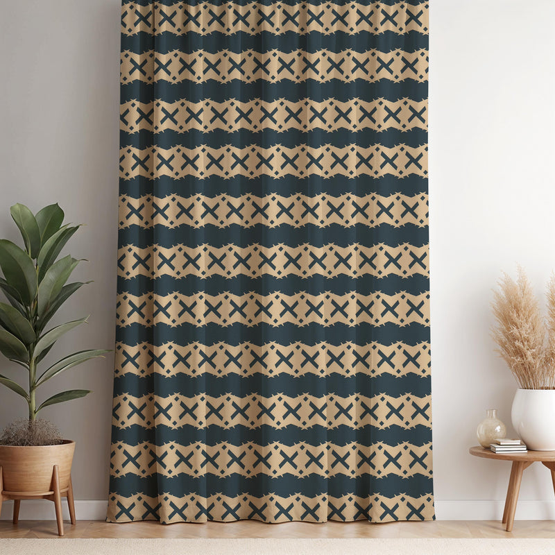 Tribal Geometric Curtain Panel: Navy Beige Boho Decor