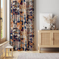 Floral Watercolor Curtain: Orange, Navy, Textured Stripes - Image 1