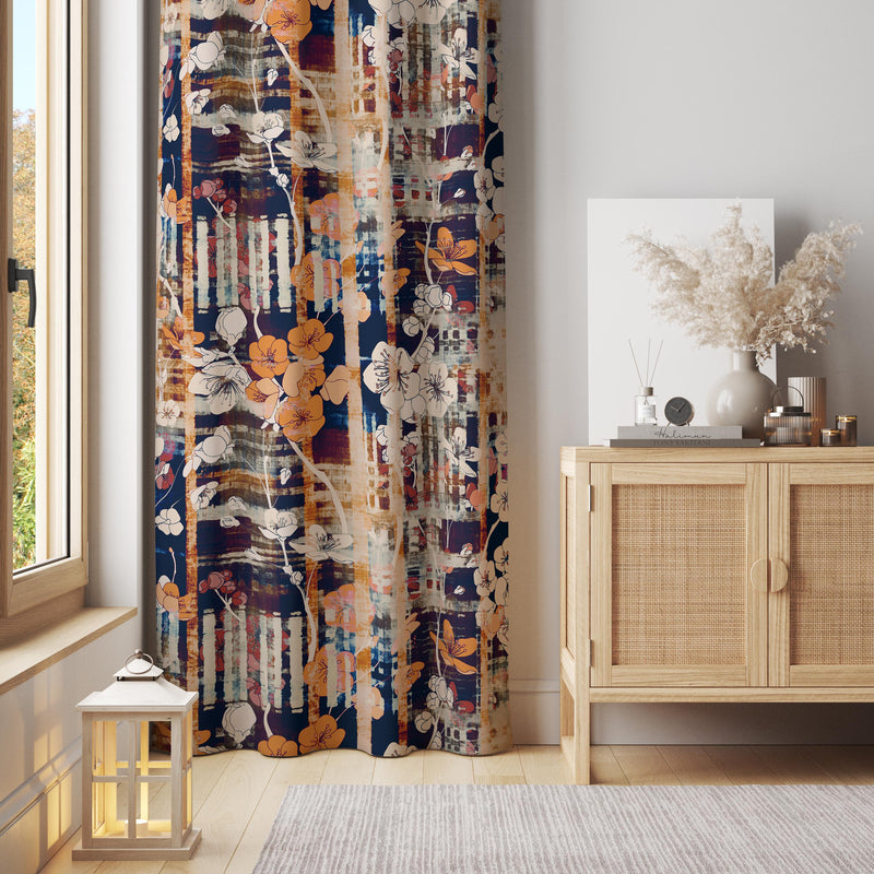 Floral Watercolor Curtain: Orange, Navy, Textured Stripes