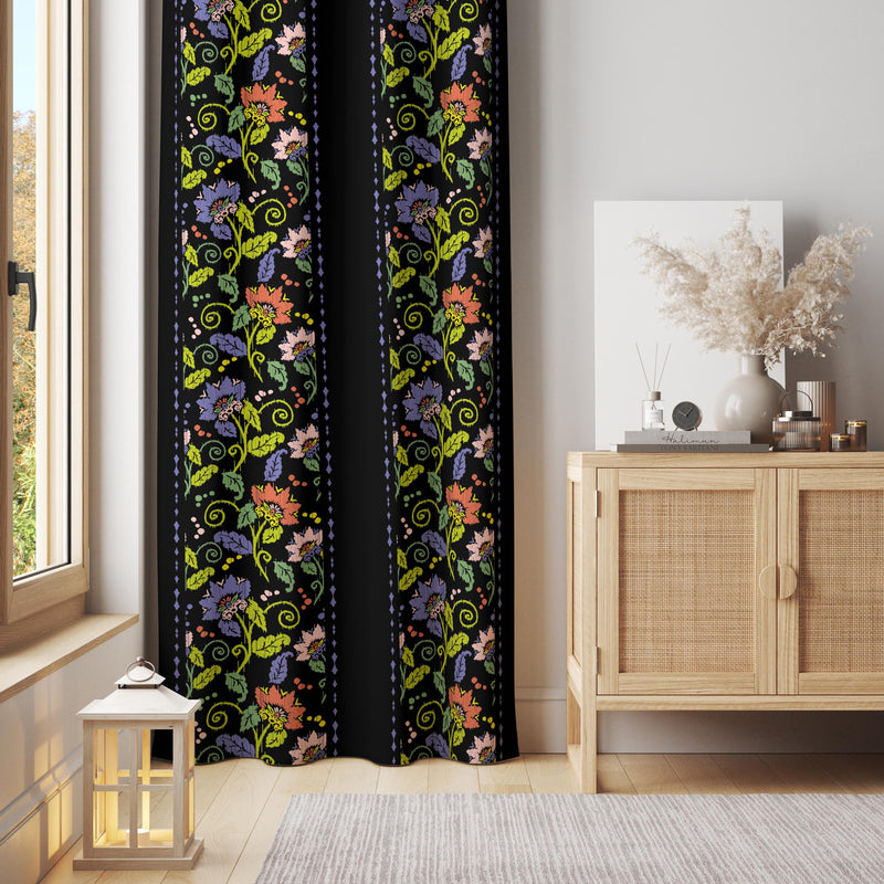 Black Folk Art Floral Curtain – Vibrant Striped Garden Pattern Panel