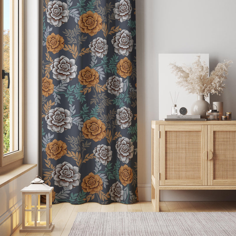 Vintage Rose Curtain – Elegant Floral Design on Navy Background for Classic Interior Style