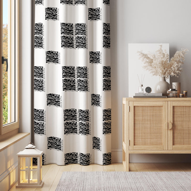 Black and White Modern Curtain: Minimal Abstract Grid Pattern Window Panel for Contemporary Neutral Decor