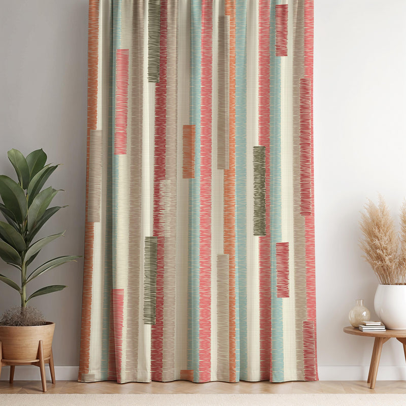 Retro Striped Curtain Panel: Mid-Century Modern Geometric Boho Decor