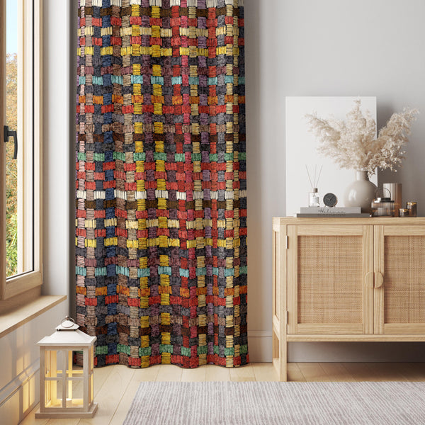 Woven Pattern Curtain: Multicolor Textured Grid, Boho Decor