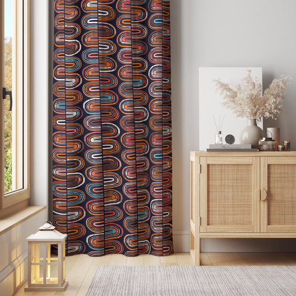 70s Retro Curtain: Brown Multicolor Oval Wave, Mid Century Modern Decor