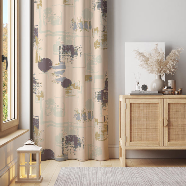 Abstract Beige Curtain Panel: Mid-Century Modern Living Room Decor