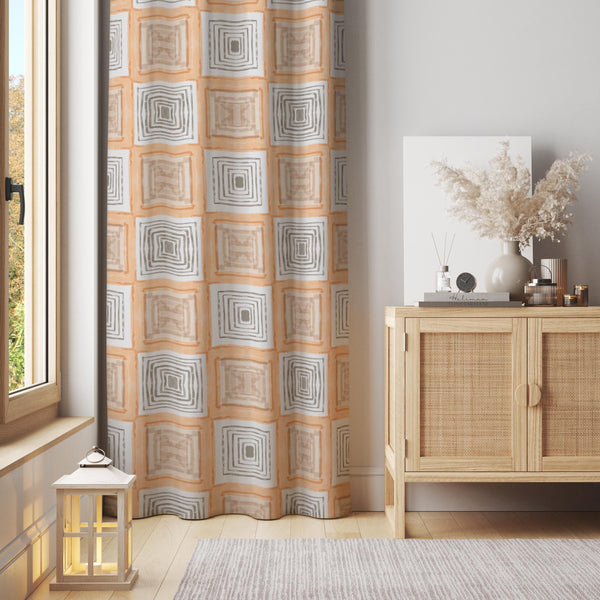 Beige Geometric Curtain: Modern Square Pattern Window Panel
