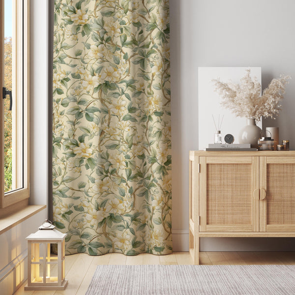 Vintage Floral Curtain – Cream Botanical Print Drapes with Yellow and Green Accents