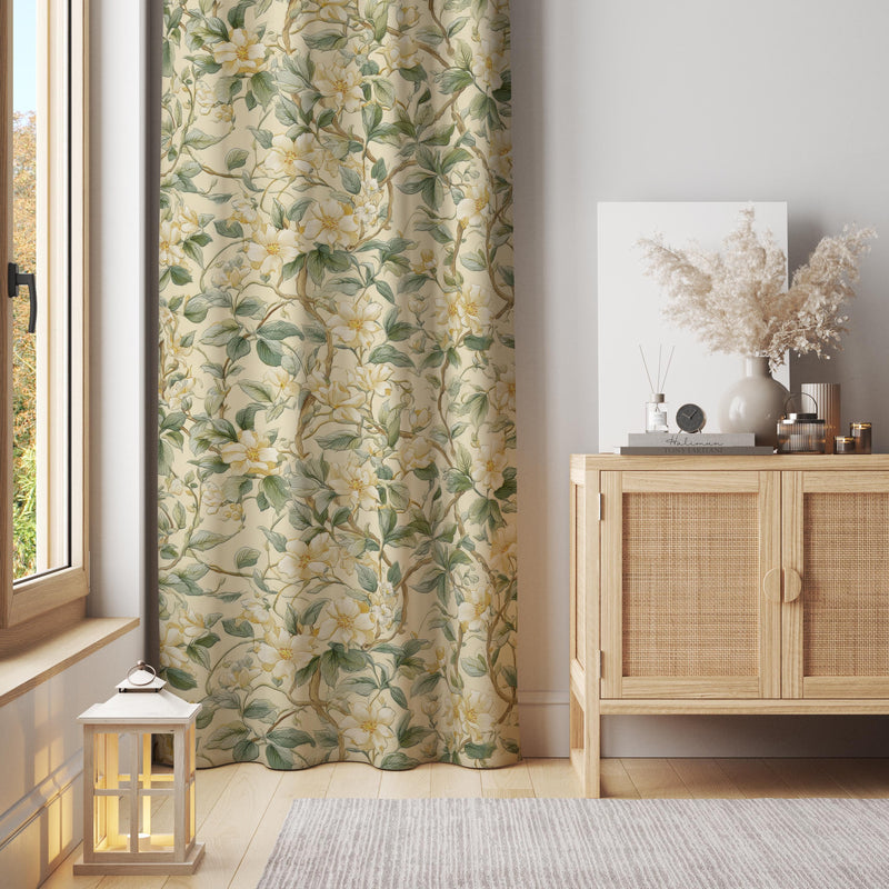 Vintage Floral Curtain – Cream Botanical Print Drapes with Yellow and Green Accents