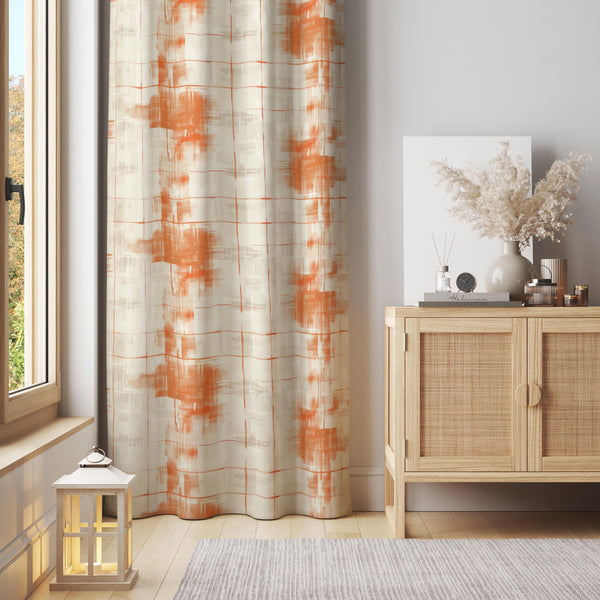 Abstract Brushstroke Curtain: Beige and Orange Watercolor Grid, Cotton Blend (Single Panel)