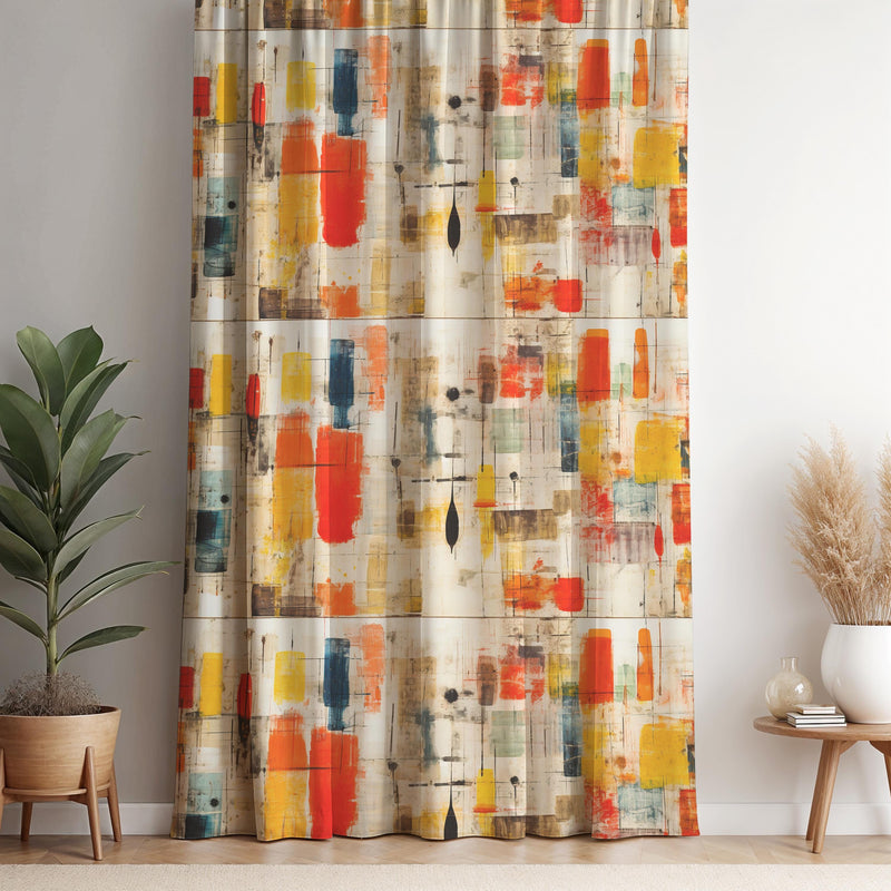 Mid-Century Modern Curtain Panel: Abstract Brushstroke Print, Retro Decor