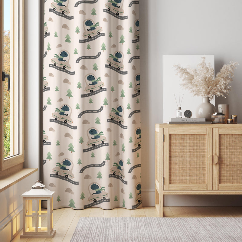 Dinosaur Kids Curtain: Blue Dino & Road Print, Boy's Room Decor