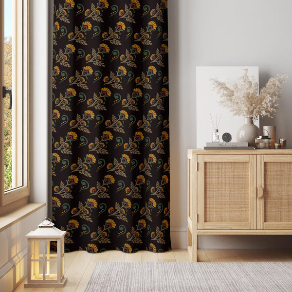 Vintage Paisley Floral Curtain – Black Traditional Boho Window Panel
