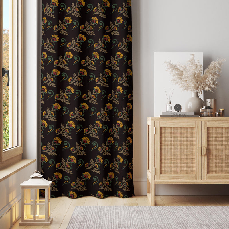Vintage Paisley Floral Curtain – Black Traditional Boho Window Panel