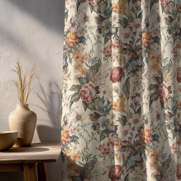 Floral Linen Curtain Panel: Beige Rose Botanical Print, Blackout Option