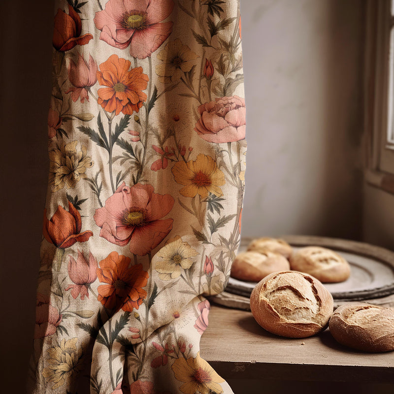 Retro Floral Linen Curtain Panel: Peach, Pink, Yellow Print
