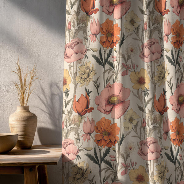 Retro Floral Linen Curtain Panel: Peach, Pink, Yellow Print
