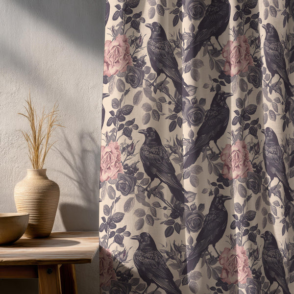Floral Crow Linen Curtain: Beige Botanical, Dark Academia Decor